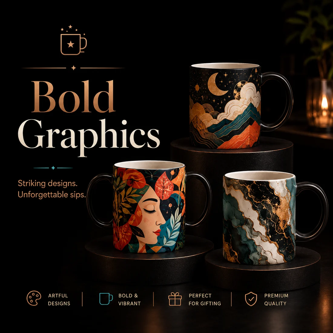Coffee mugs with bold original graphics