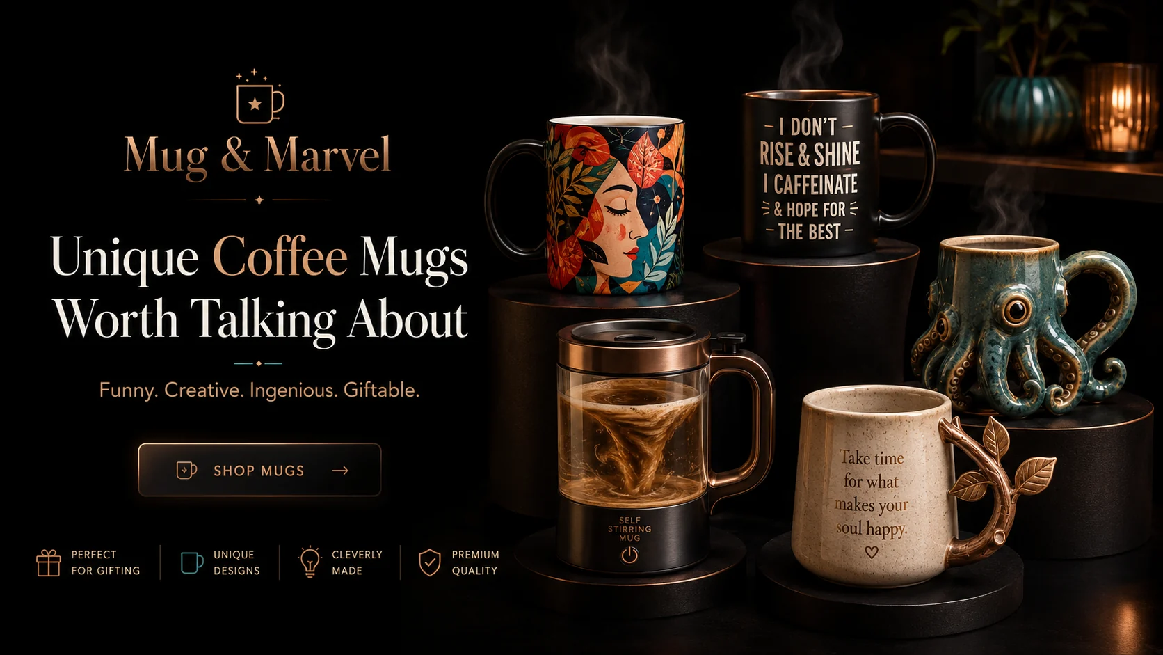 Premium display of funny, artistic, self-stirring, sculpted and giftable coffee mugs